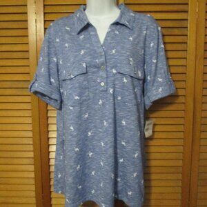 Coral Bay NEW top blue with flamingos, lightweight short sleeve V neck size XL